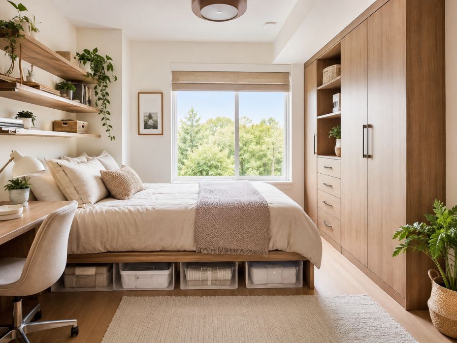 Organized small bedroom with creative storage solutions