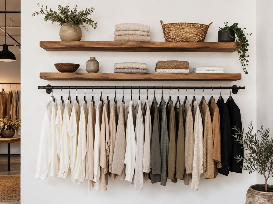 Wall-mounted clothing rod and shelving system