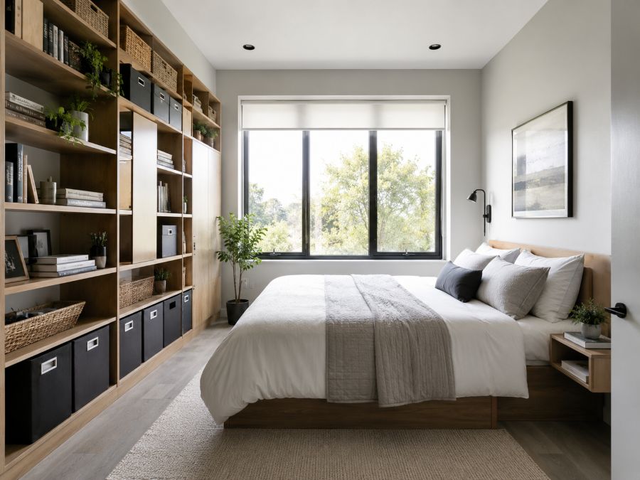 Small bedroom featuring floor-to-ceiling shelving, wall-mounted storage, and minimal floor furniture with queen bed
