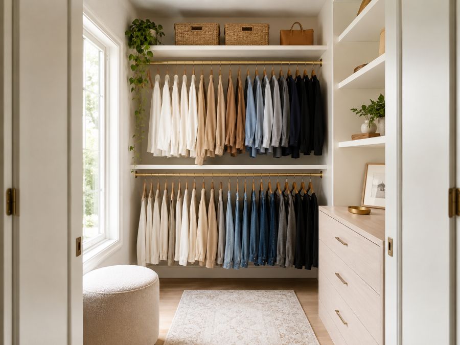 Organized small closet with color-coded hanging clothes and shelf storage