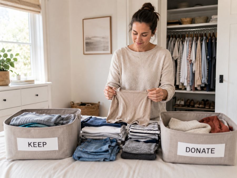 Person organizing clothes into donation and keep piles during closet decluttering