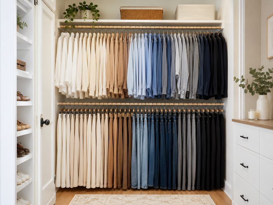 Double hanging rod system installed in small closet with organized clothing sections