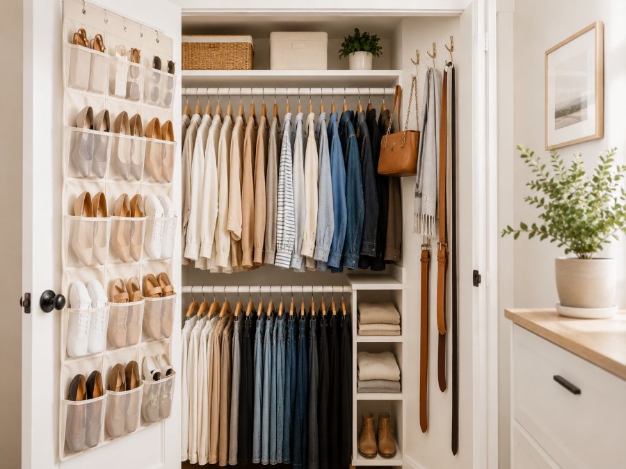 Over-the-door shoe organizer and wall hooks storing accessories and small items in closet