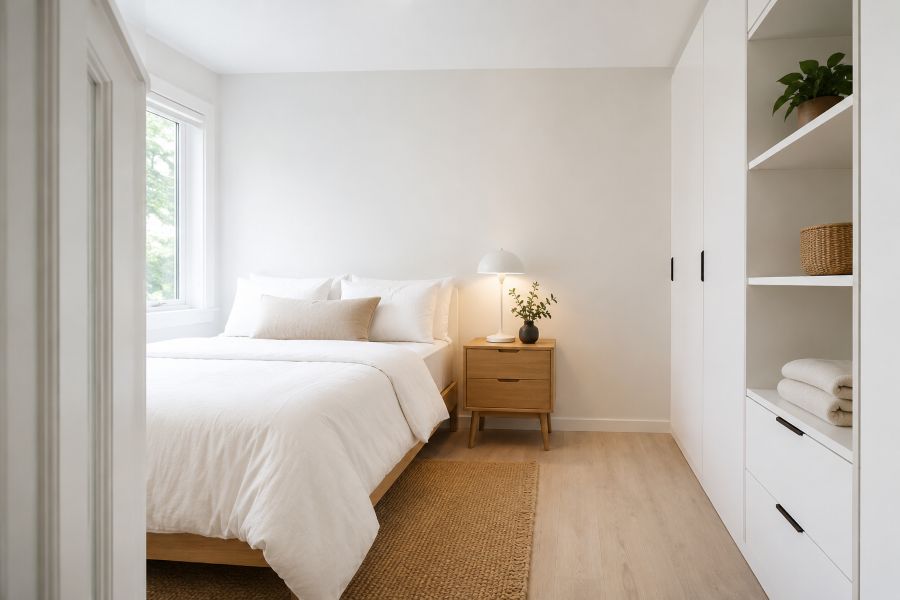 Minimalist small bedroom with organized storage and minimal clutter