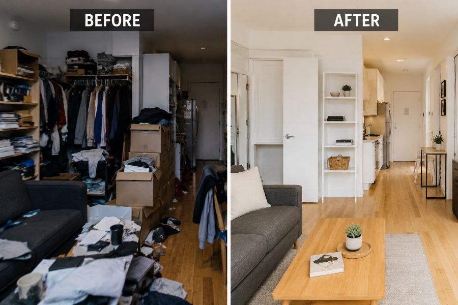 Before and after comparison of cluttered versus organized small apartment room