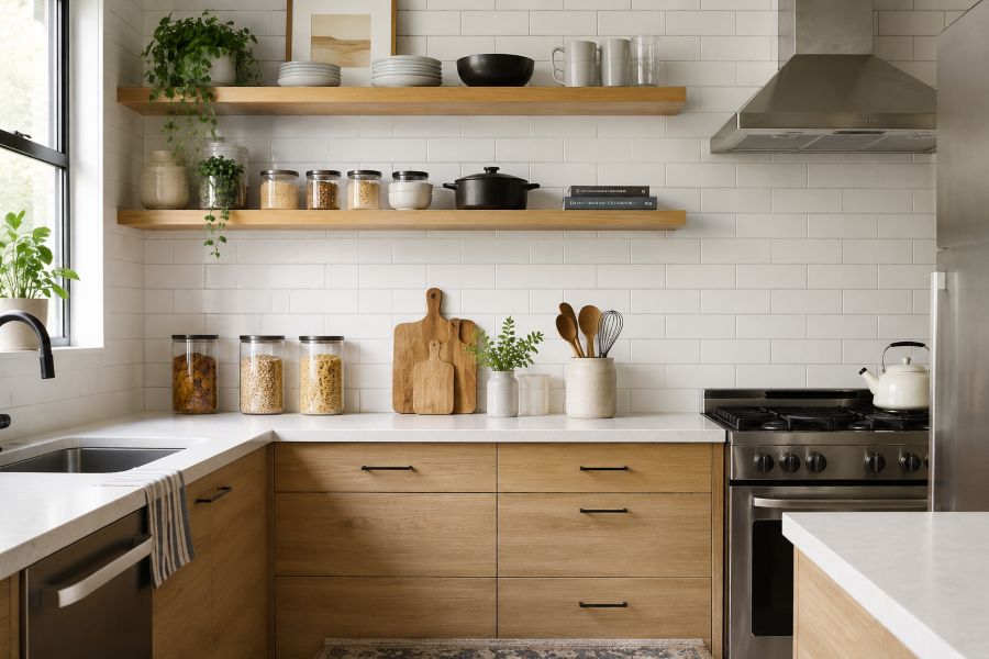 Organized kitchen cabinets and drawers with minimal essential items neatly arranged