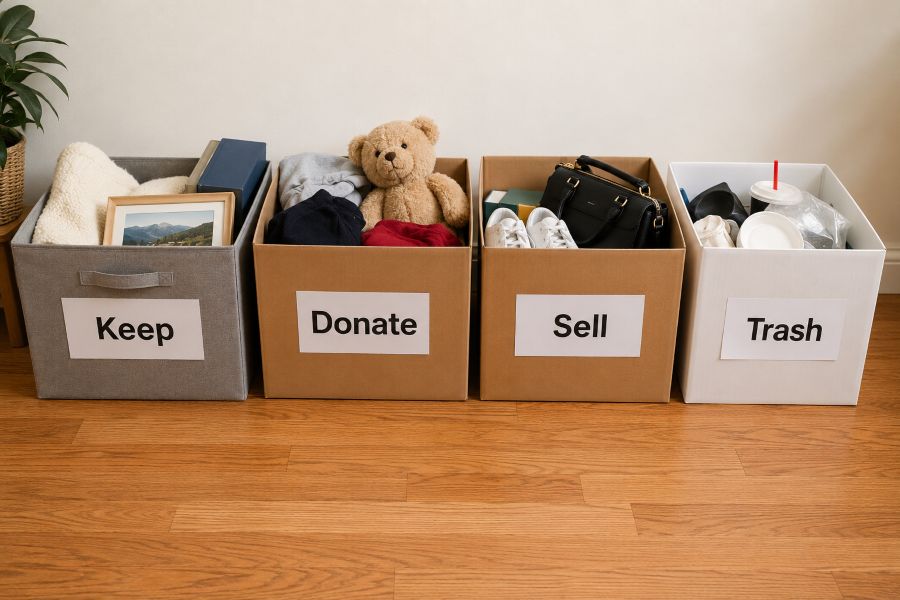 Four labeled boxes for sorting belongings during decluttering process