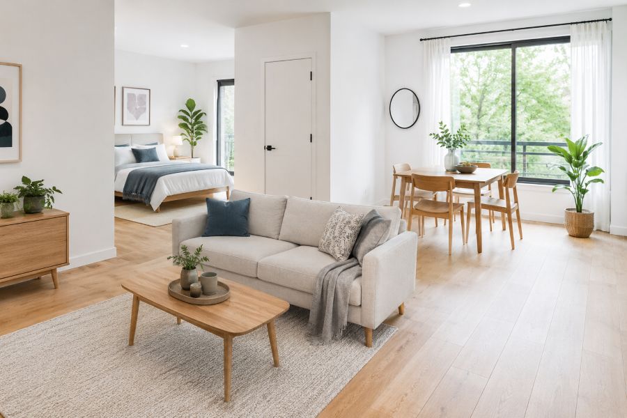 Spacious, clean small home interior with open areas and minimal furnishings
