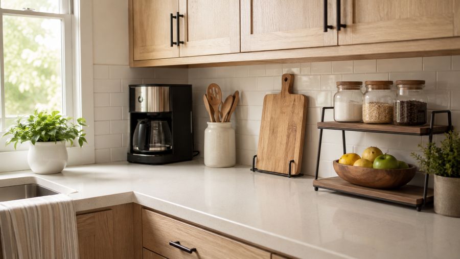 Organized small kitchen countertop with clear surfaces and smart storage
