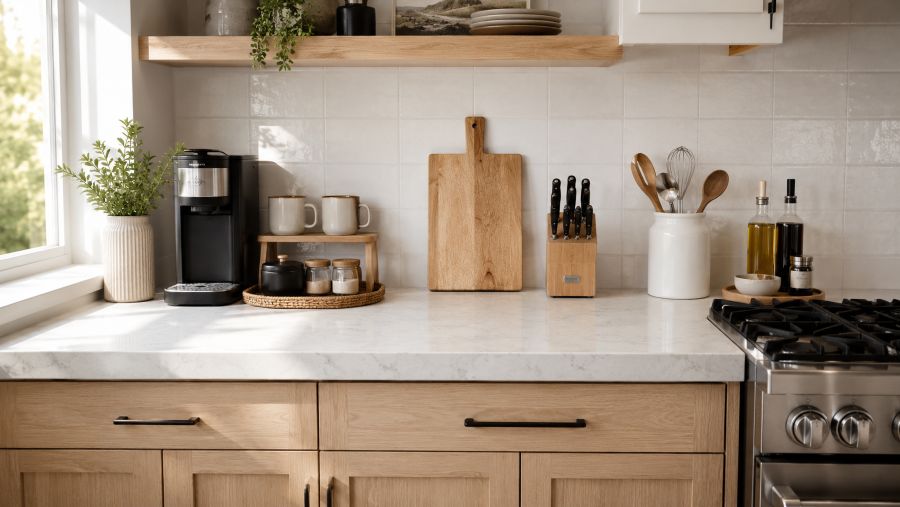 Small kitchen counter divided into clear functional zones for coffee, prep, and cooking