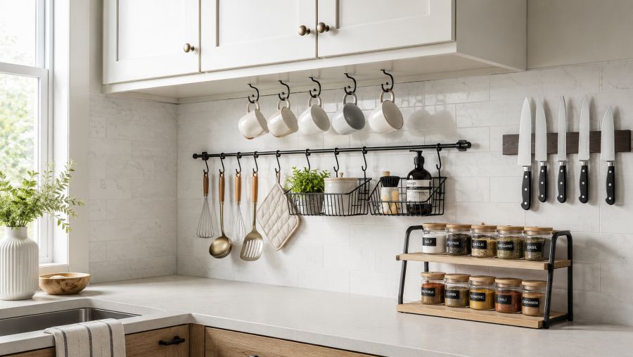 Vertical kitchen storage with wall rails, hooks, and shelf risers to clear the countertop