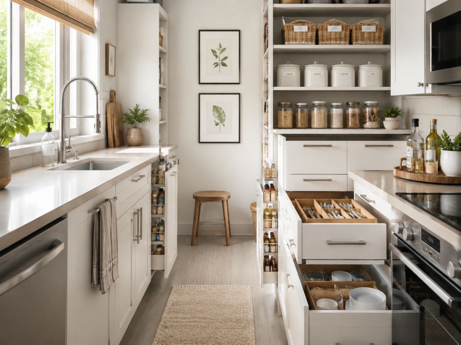 Organized small kitchen with smart storage solutions