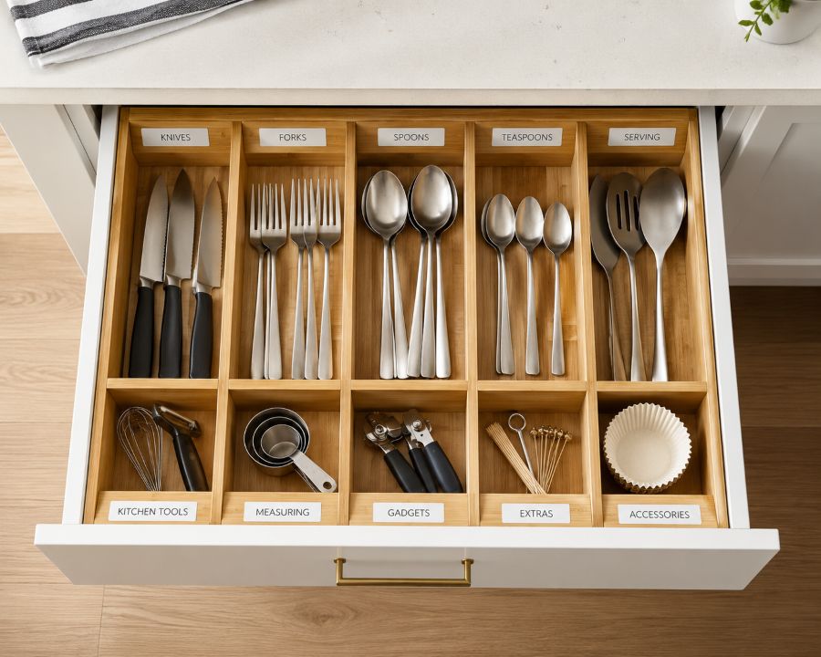 Small kitchen drawer organization with dividers