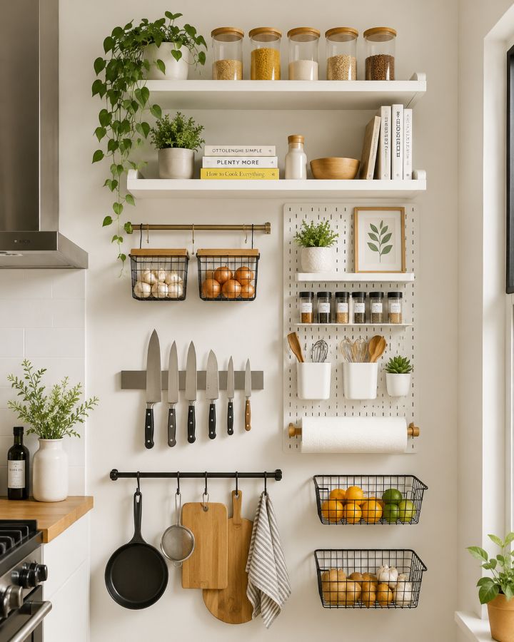 Vertical kitchen storage with wall shelves and hanging organizers