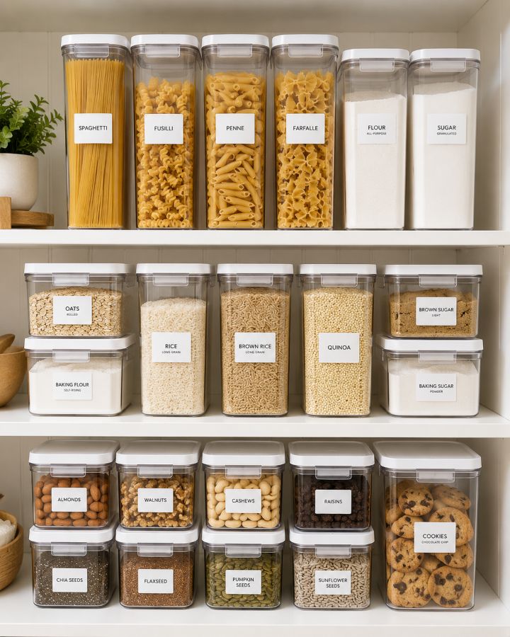 Small kitchen pantry organization with clear containers