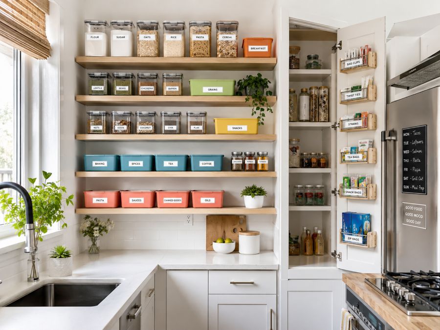 Small kitchen with labeled storage zones and organized shelving system