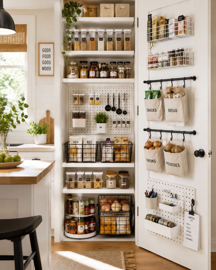 Vertical pantry storage with floating shelves, wall-mounted baskets, and hanging racks