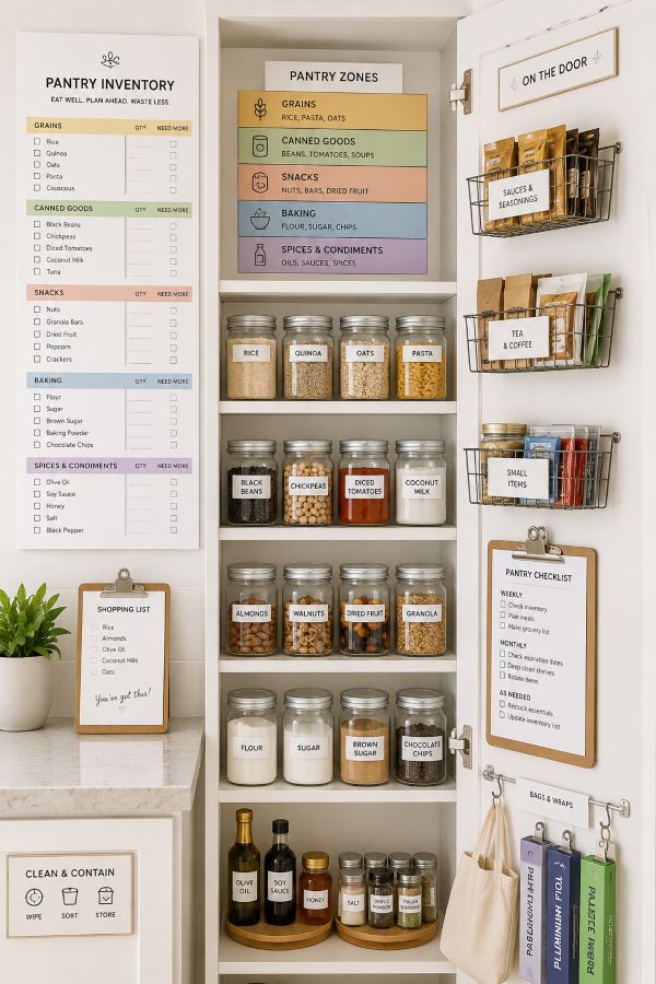 Pantry inventory checklist system with labeled containers and organization zones