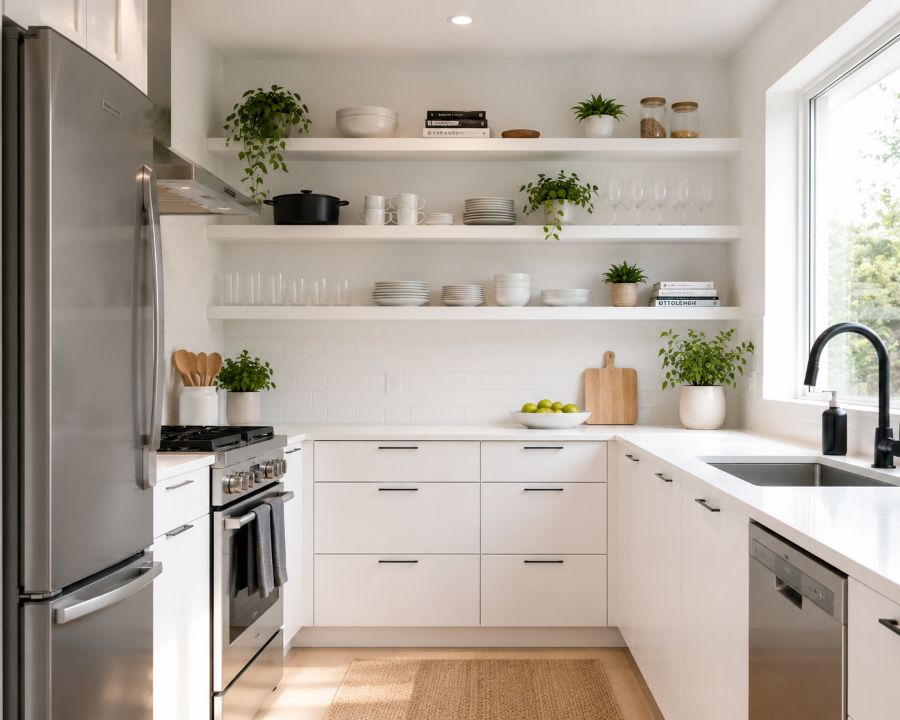 Modern small kitchen with white floating shelves displaying organized cookware, plants, and decorative items