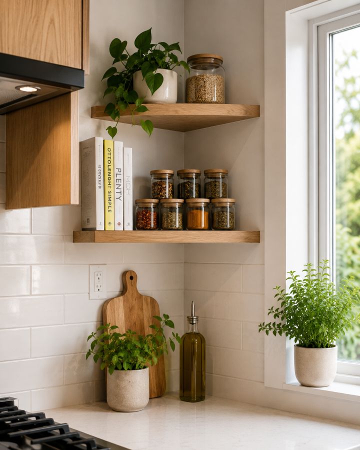 Small kitchen corner with triangular corner shelves displaying glass jars, cookbooks, and decorative plants in organized arrangement