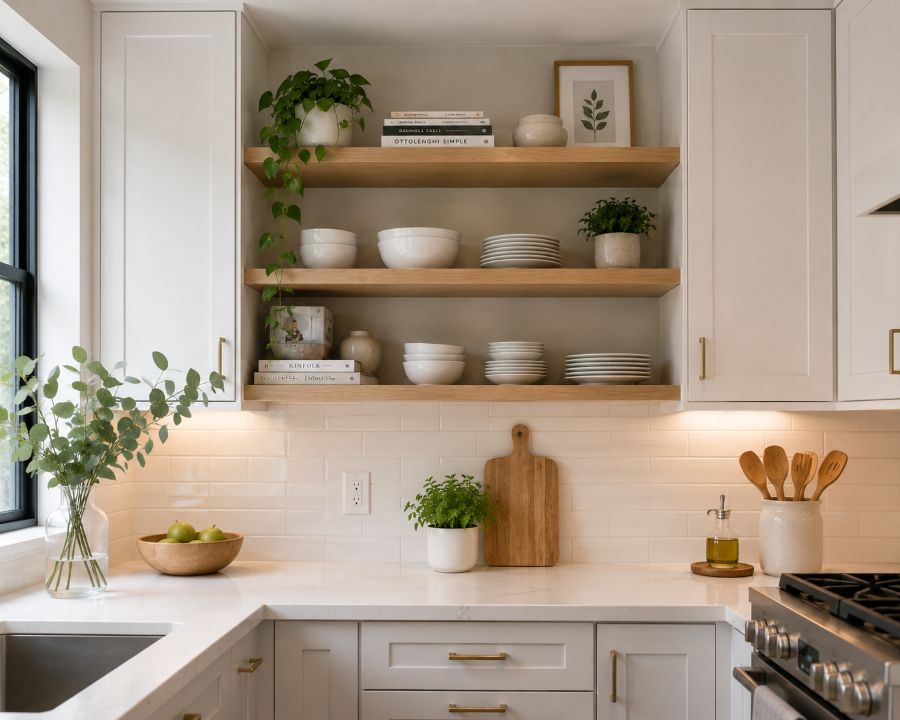 Small kitchen with open shelves between wooden cabinets, displaying matching dishware sets, cookbooks, and small decorative items in balanced arrangement