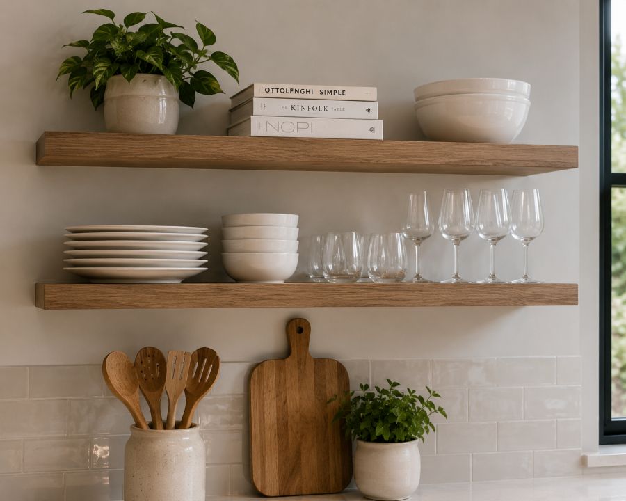 Close-up of modern floating shelf installation with invisible brackets, perfectly level mounting, and organized display of white dinnerware and decorative items