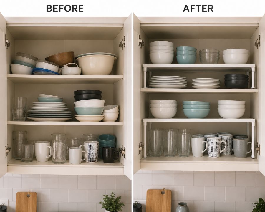 Cabinet with shelf risers maximizing vertical space
