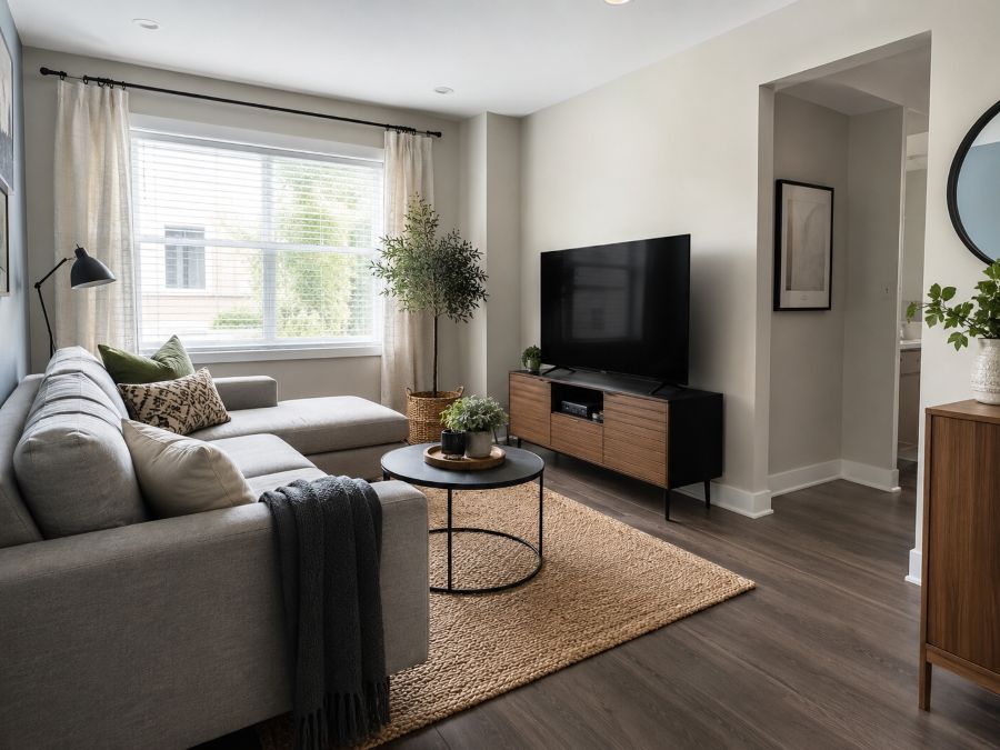 Floor plan showing ideal TV placement in a small living room with clear walkways