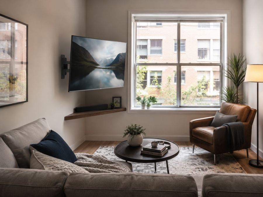 Corner TV placement with swivel mount and L-shaped sofa in a compact living room