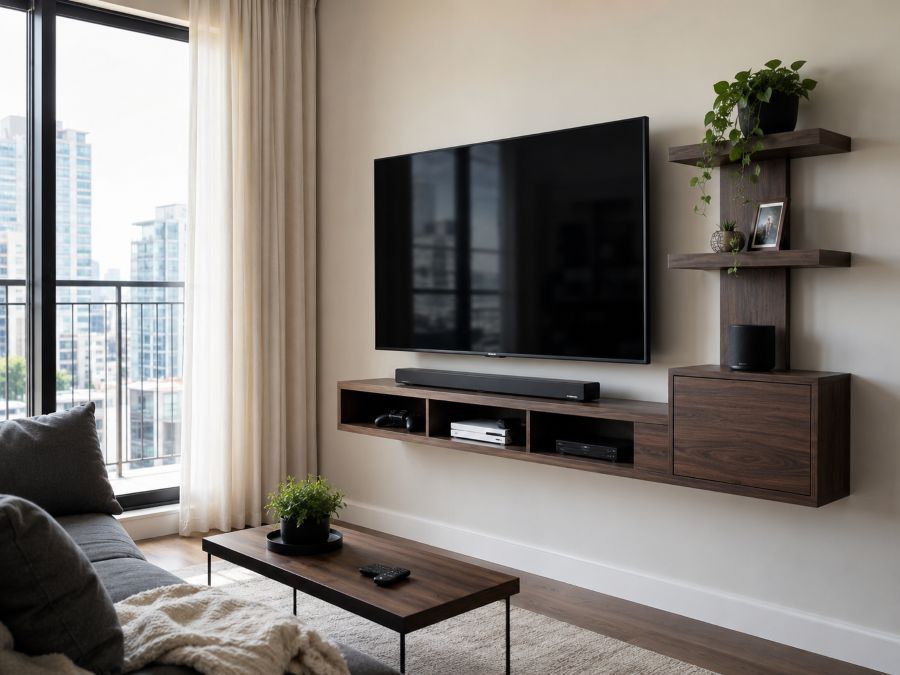 Wall-mounted TV with floating shelf and concealed cable raceway in a small living room