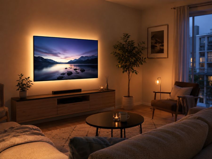 Cozy small living room at night with bias lighting behind a wall-mounted TV