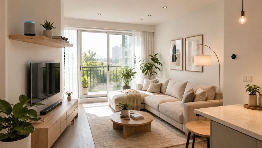 Budget smart apartment living room with smart speaker and warm smart lighting