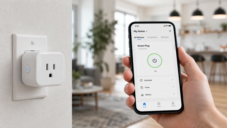 Smart plug in a wall outlet controlled by a smartphone home app