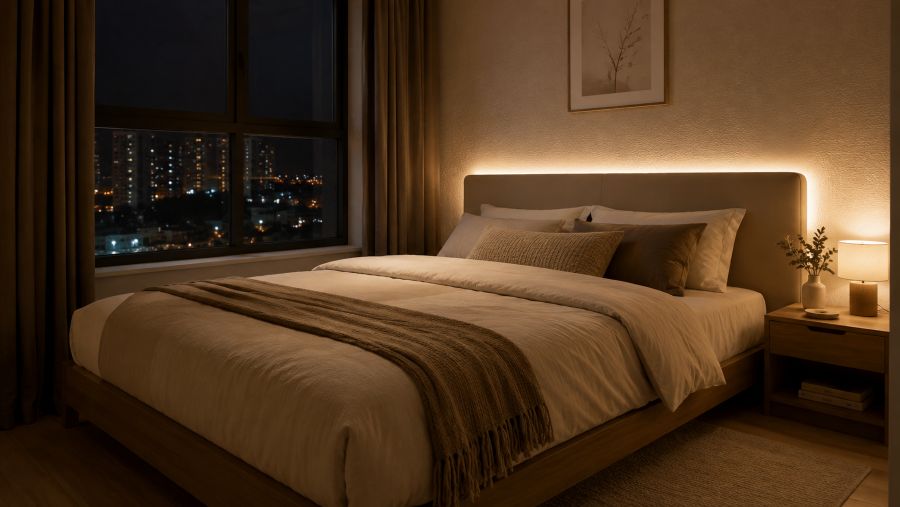 Small bedroom with warm smart LED strip lighting behind the headboard