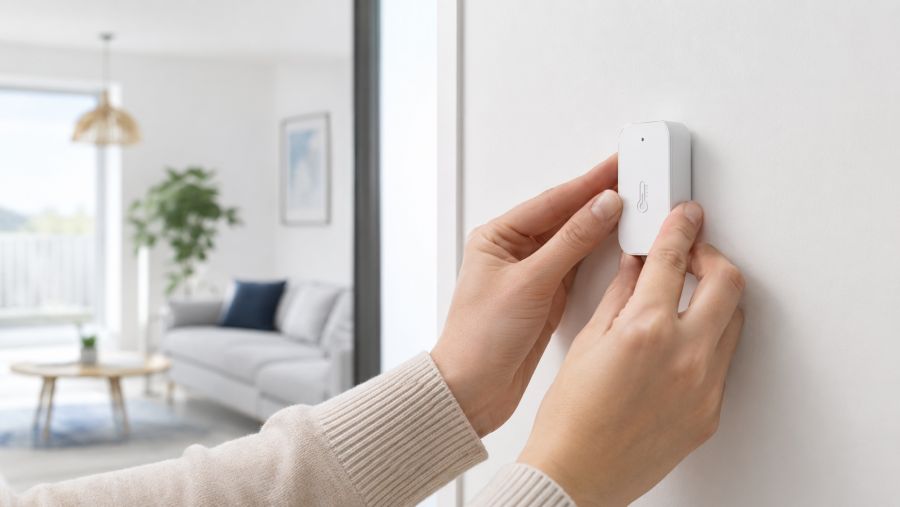 Mounting a wireless smart sensor with adhesive on a wall without drilling