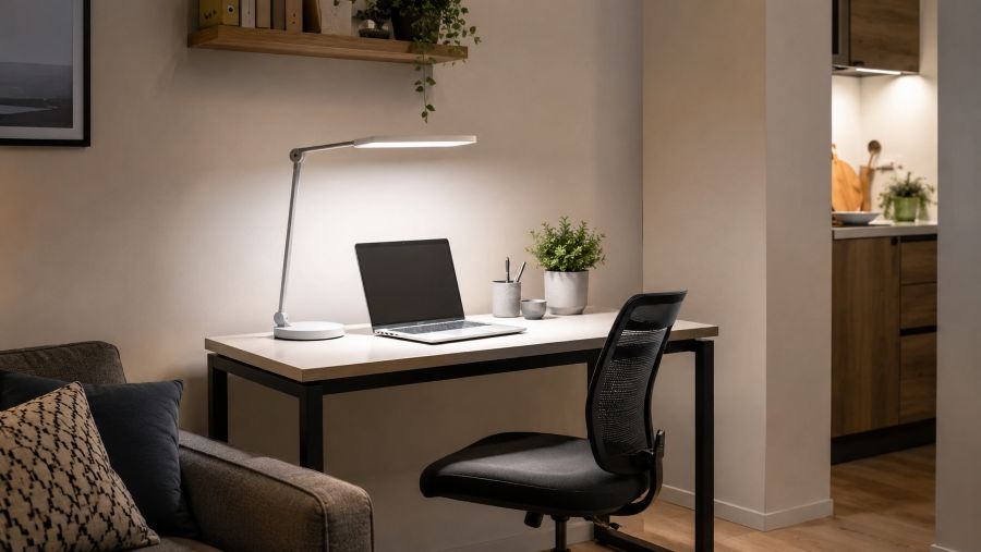 Small apartment desk corner lit by a cool, bright work lighting scene