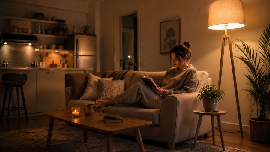 Cozy small apartment evening scene with warm relaxing smart lighting