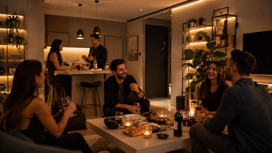 Small apartment set up for hosting with warm, inviting smart lighting scene