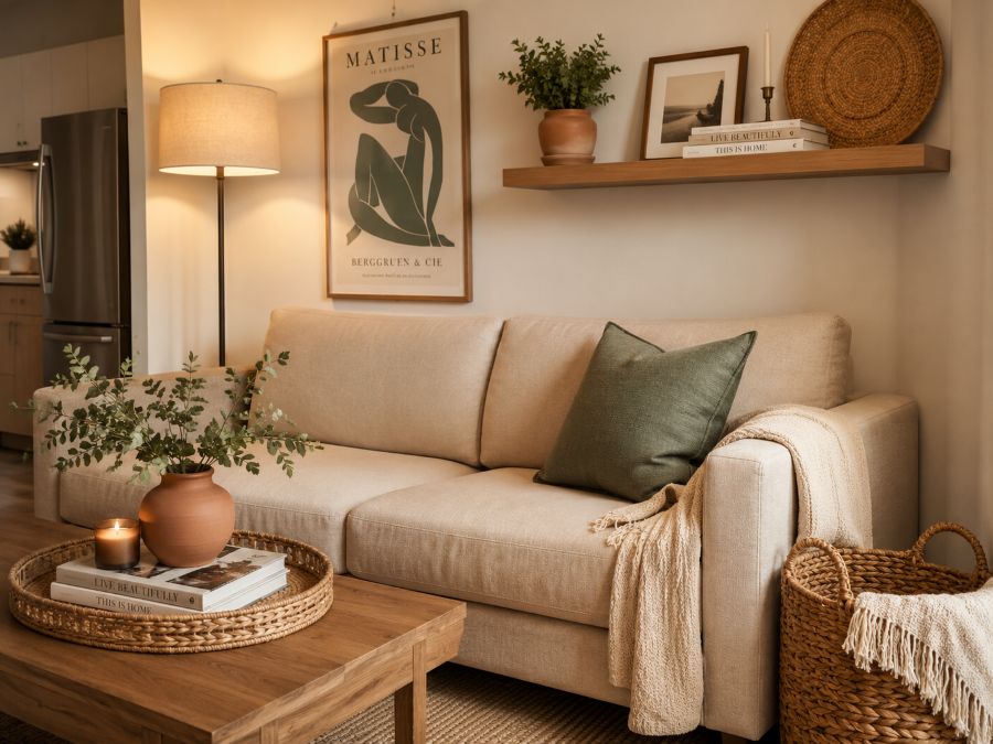 Purposeful small apartment decor with baskets plants wall art and soft neutral colors
