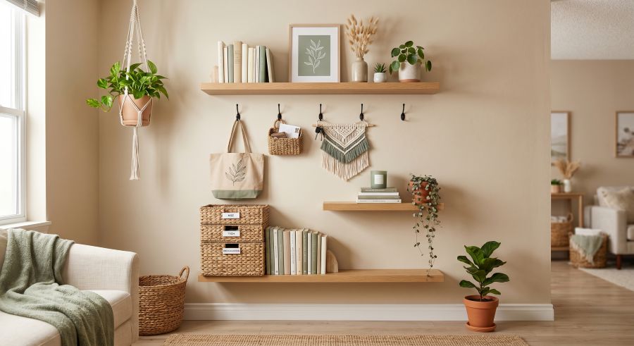 Vertical storage ideas for small apartments with wall shelves and baskets