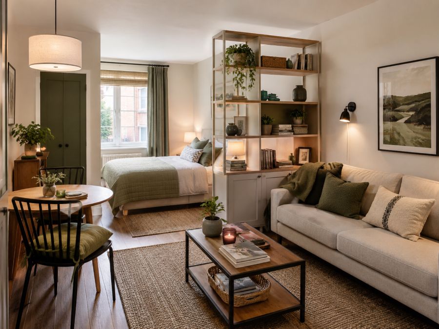 Studio apartment zoning idea with separate living sleeping and dining areas
