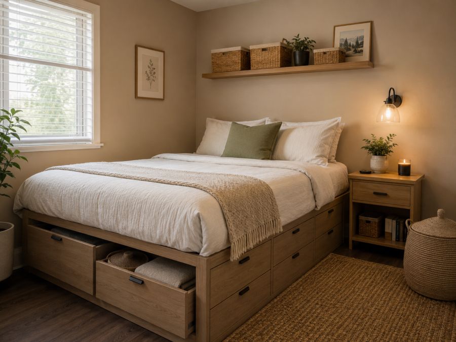 Hidden storage idea for a small apartment bedroom with drawers and baskets
