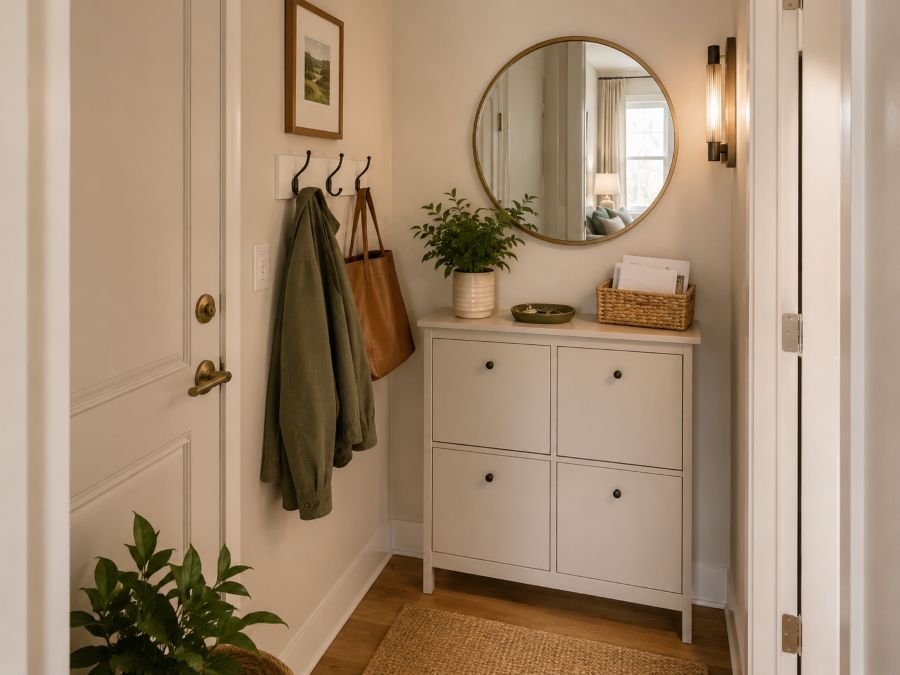 Tiny apartment entryway organization with hooks shoe storage and mirror