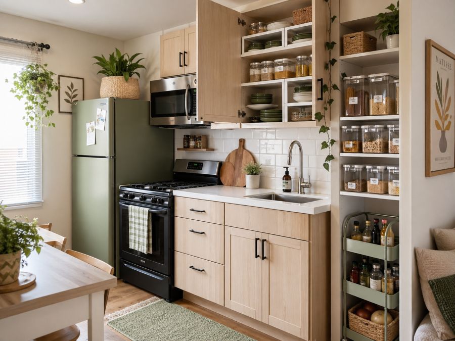Small apartment kitchen storage with pantry bins shelves and rolling cart