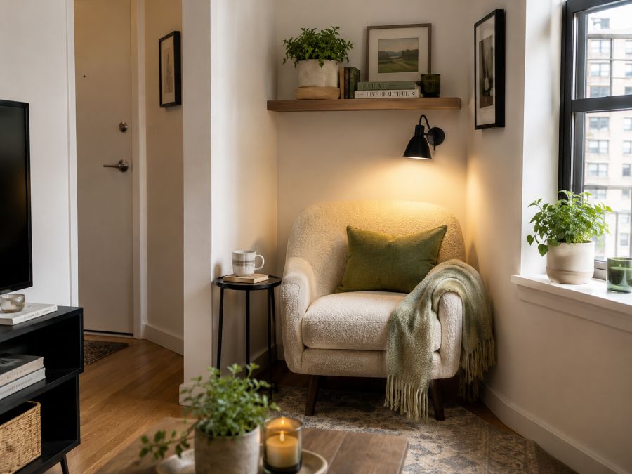 Awkward apartment corner turned into a useful reading nook