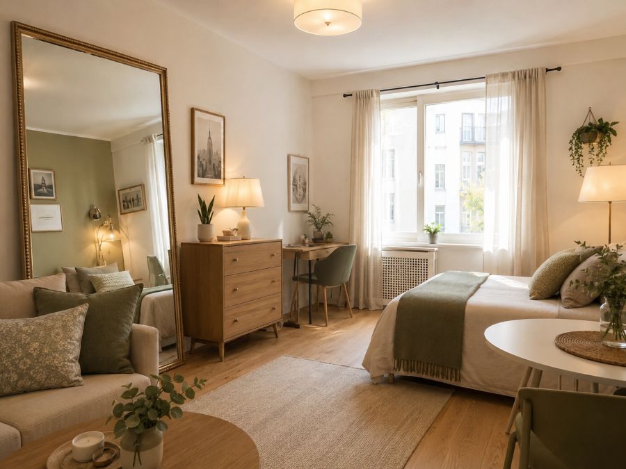 Small apartment mirror and lighting idea to make a room feel bigger