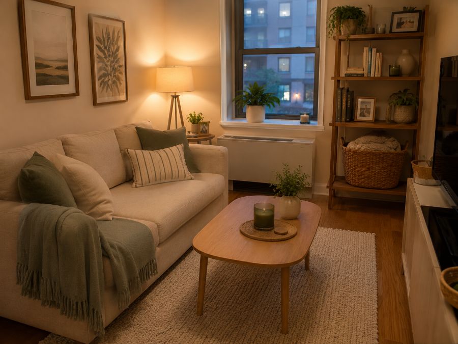 Tidy small apartment living room after a simple daily reset routine