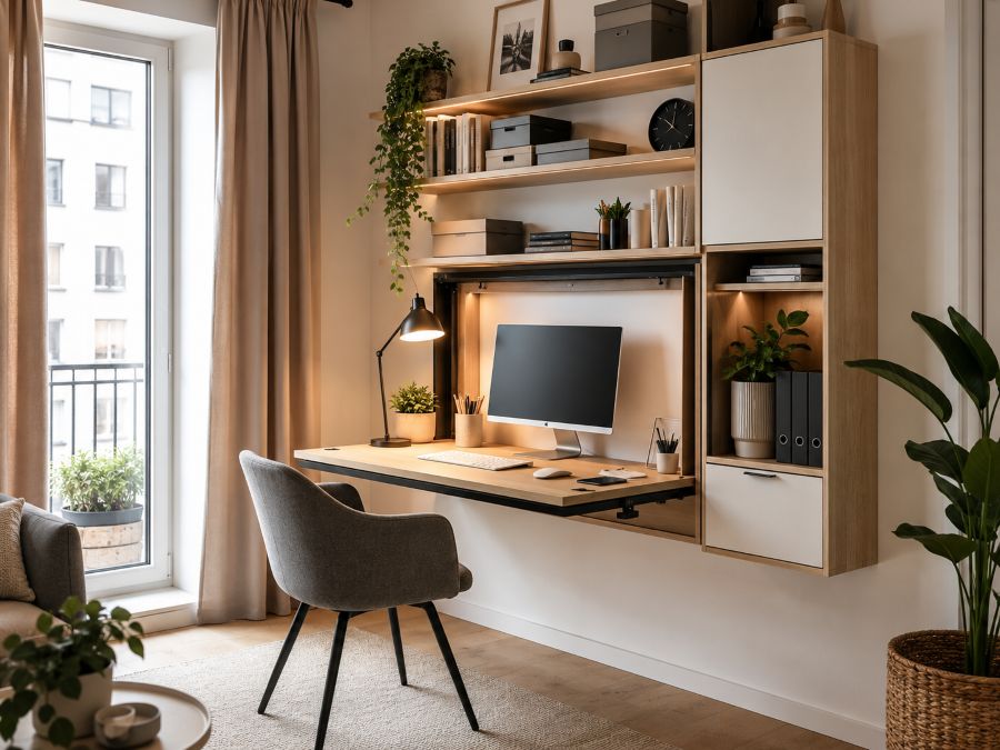 Wall-mounted workspace and storage combination