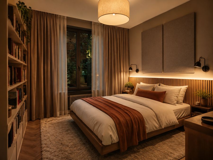 Calm small bedroom with heavy curtains, soft rug, and acoustic wall treatment for soundproofing