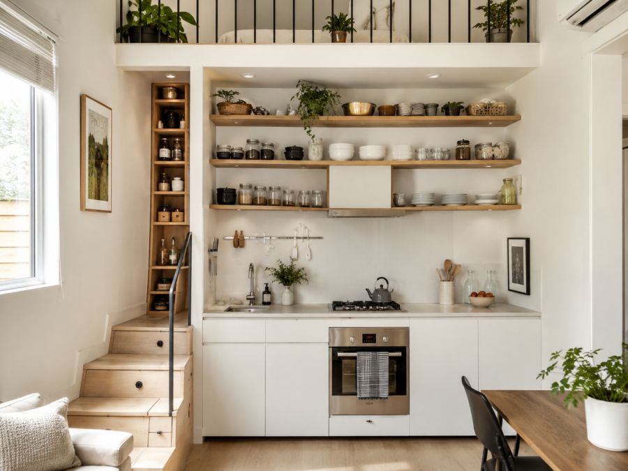 Modern minimalist tiny apartment kitchen with clever storage solutions